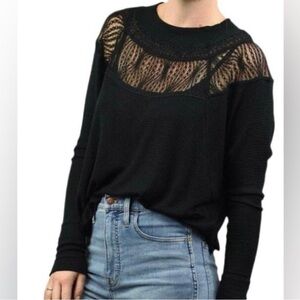 Free People Black Lace Yolk Waffle Thermal Long Sleeve Top Size XS